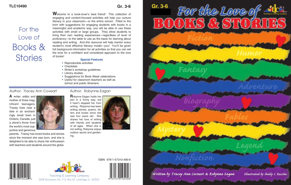 For the Love of Books & Stories front and back cover, with genre stripes (Fiction to Nonfiction) and author bios