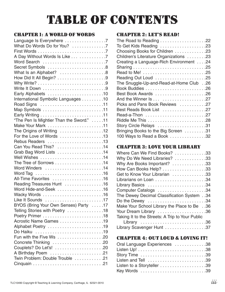 Table of contents, part 1: Chapter 1 A World of Words through Chapter 4 Out Loud & Loving It!, pages 7–39