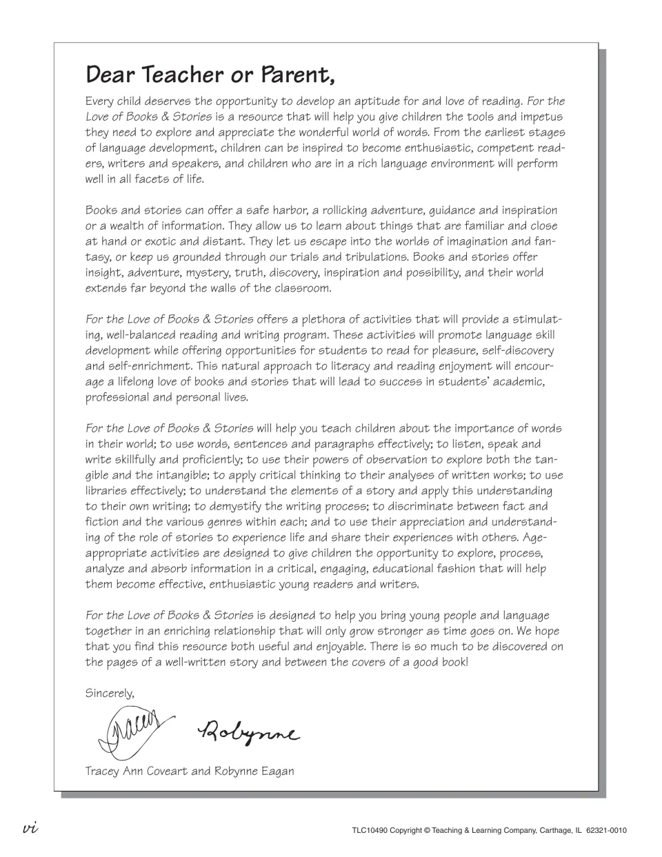 'Dear Teacher or Parent' letter from the authors on building a love of reading and the skills the book covers