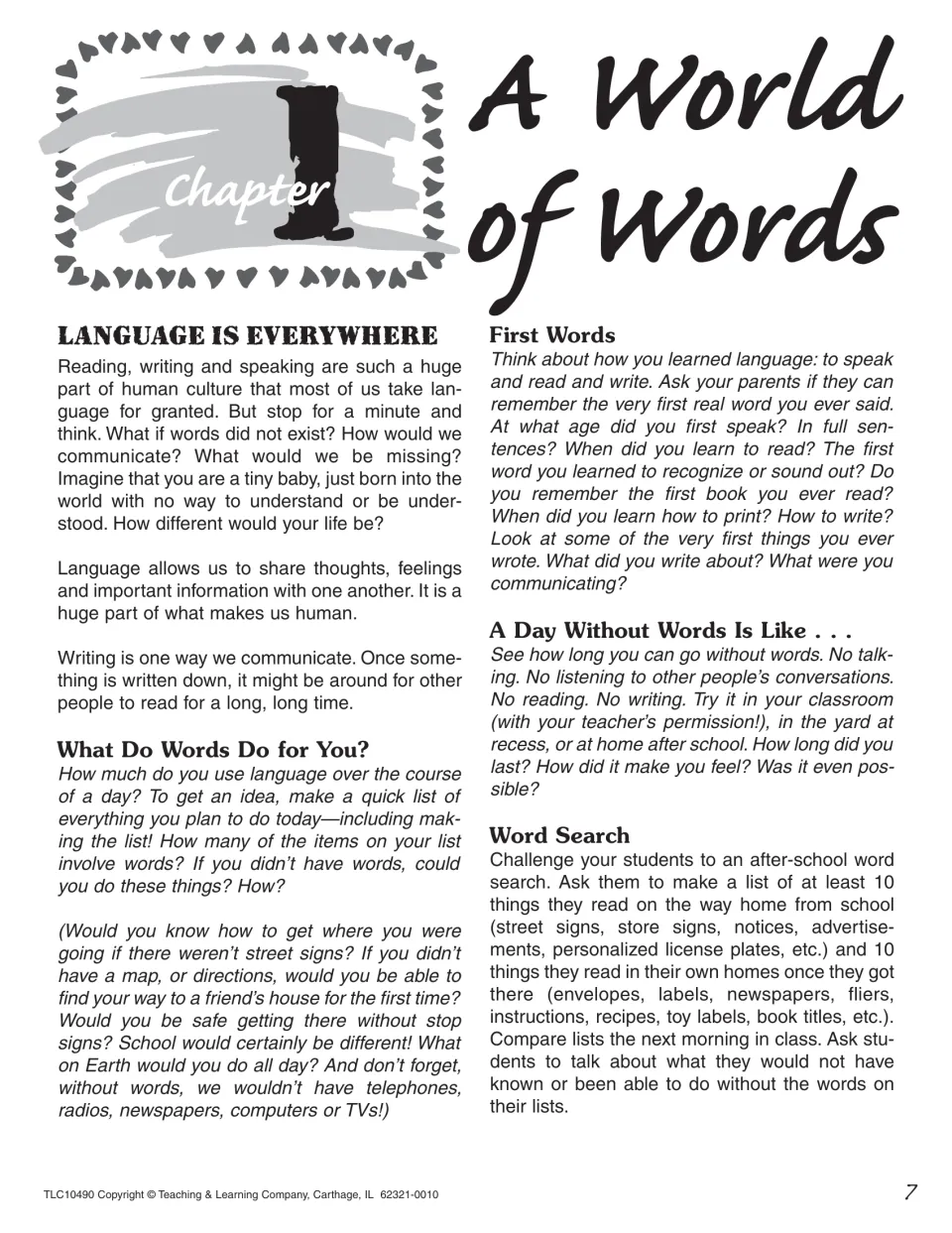 Chapter 1 'A World of Words' opener: Language Is Everywhere, First Words, A Day Without Words, Word Search