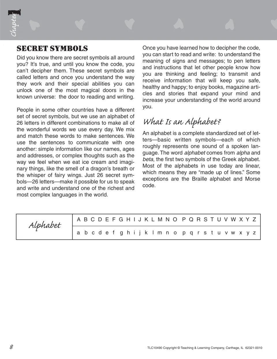 Secret Symbols and What Is an Alphabet? reading, with a full uppercase and lowercase alphabet chart