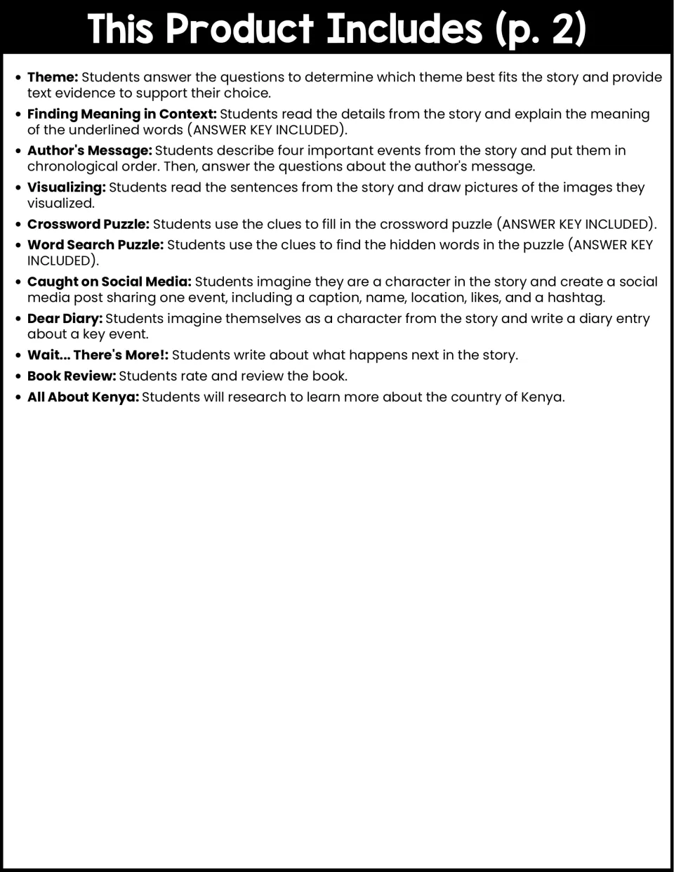 Activity guide, part 2: descriptions of 11 tasks, including Theme, Dear Diary, and All About Kenya