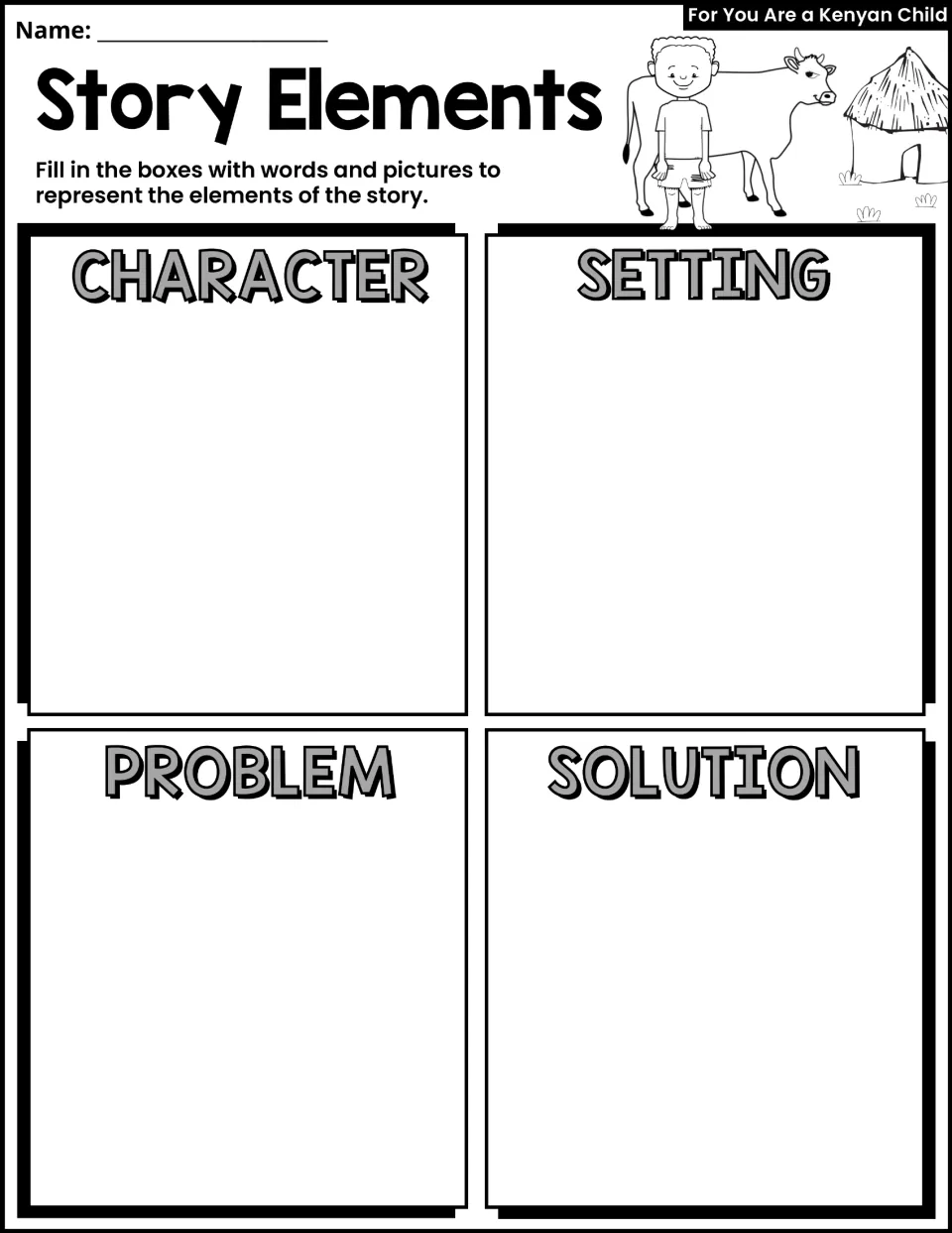 Story Elements activity: use words and pictures to identify the story's character, setting, problem, and solution
