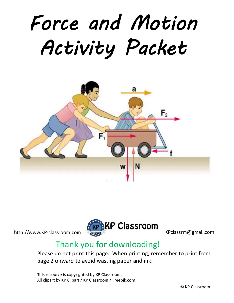 Cover of the Force and Motion Activity Packet showing a wagon diagram labeled with force and acceleration arrows