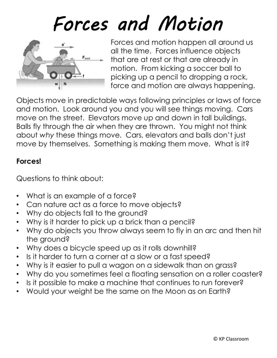 Introductory reading on forces and motion with questions about falling objects, bicycles, wagons, and weight