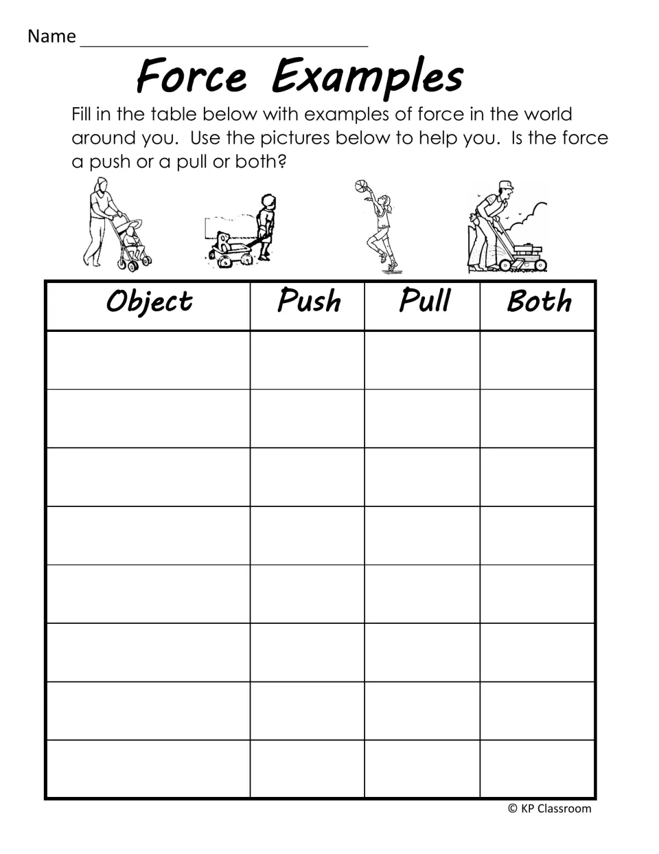 Force Examples activity asks students to identify everyday objects and classify forces as push, pull, or both