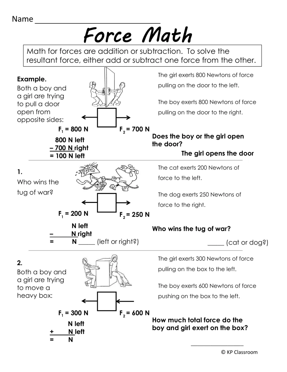 Force Math practice uses addition and subtraction to find net forces in tug-of-war and box-moving problems
