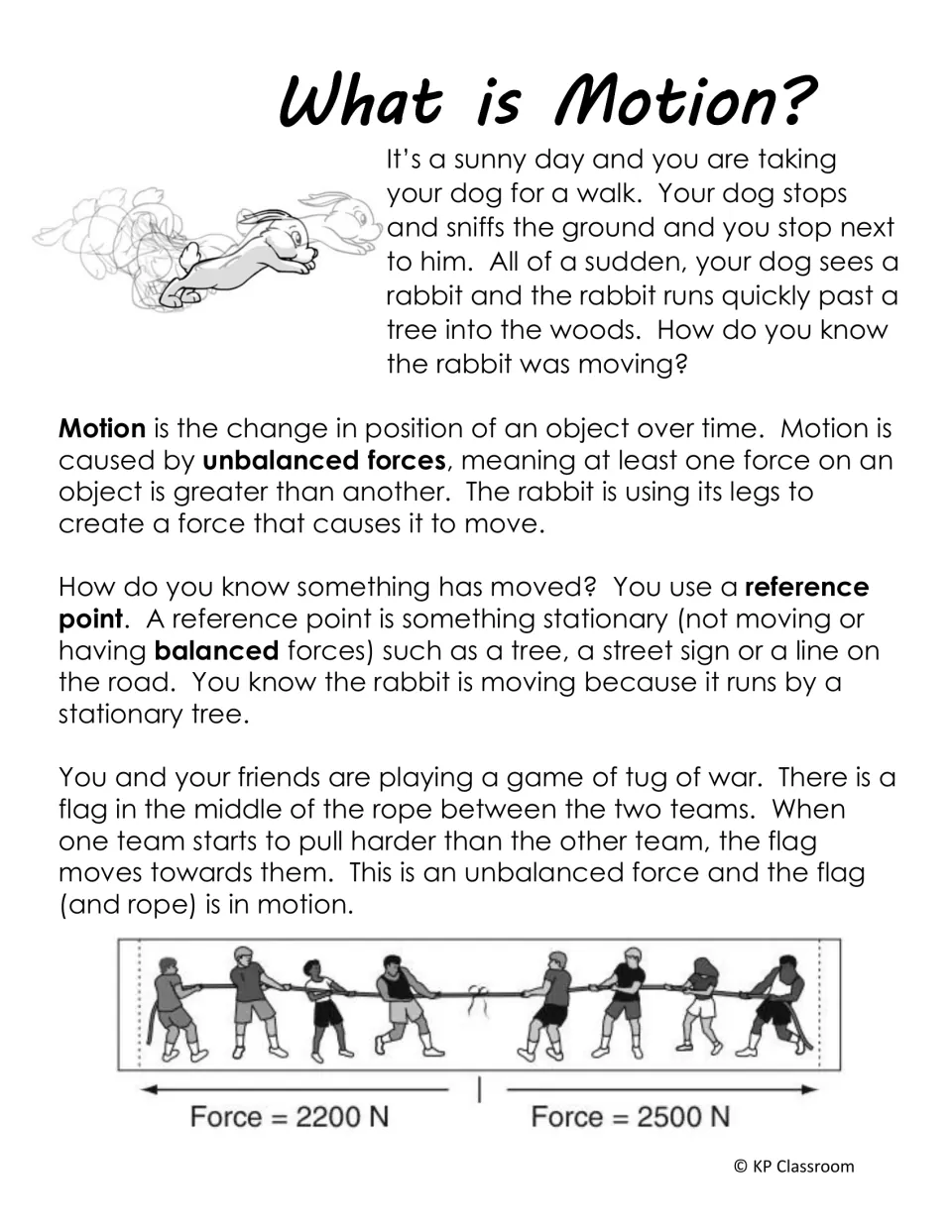 Motion reading introduces changes in position, reference points, and unbalanced forces using a rabbit and tug-of-war