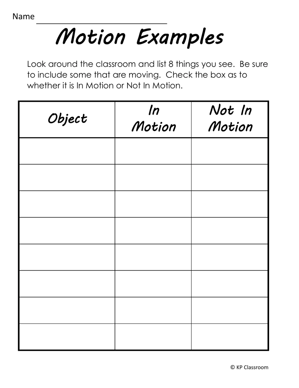 Motion Examples activity asks students to list eight classroom objects and identify whether each is moving