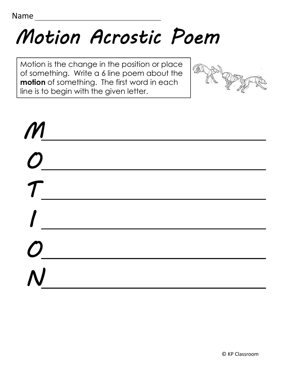 Motion Acrostic Poem activity asks students to write six lines about motion using the letters in MOTION