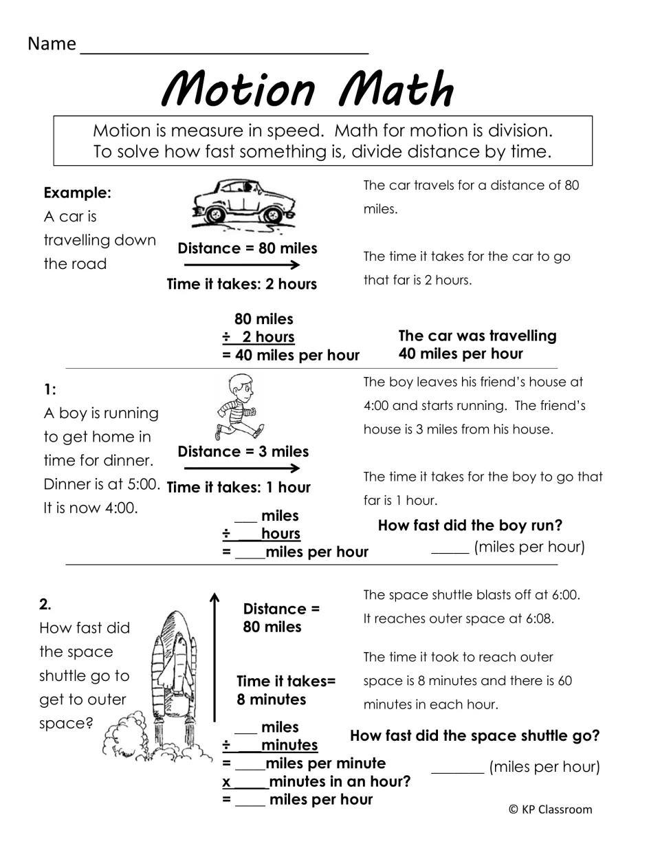 Motion Math practice calculates speed from distance and time using a car example, a runner, and a space shuttle