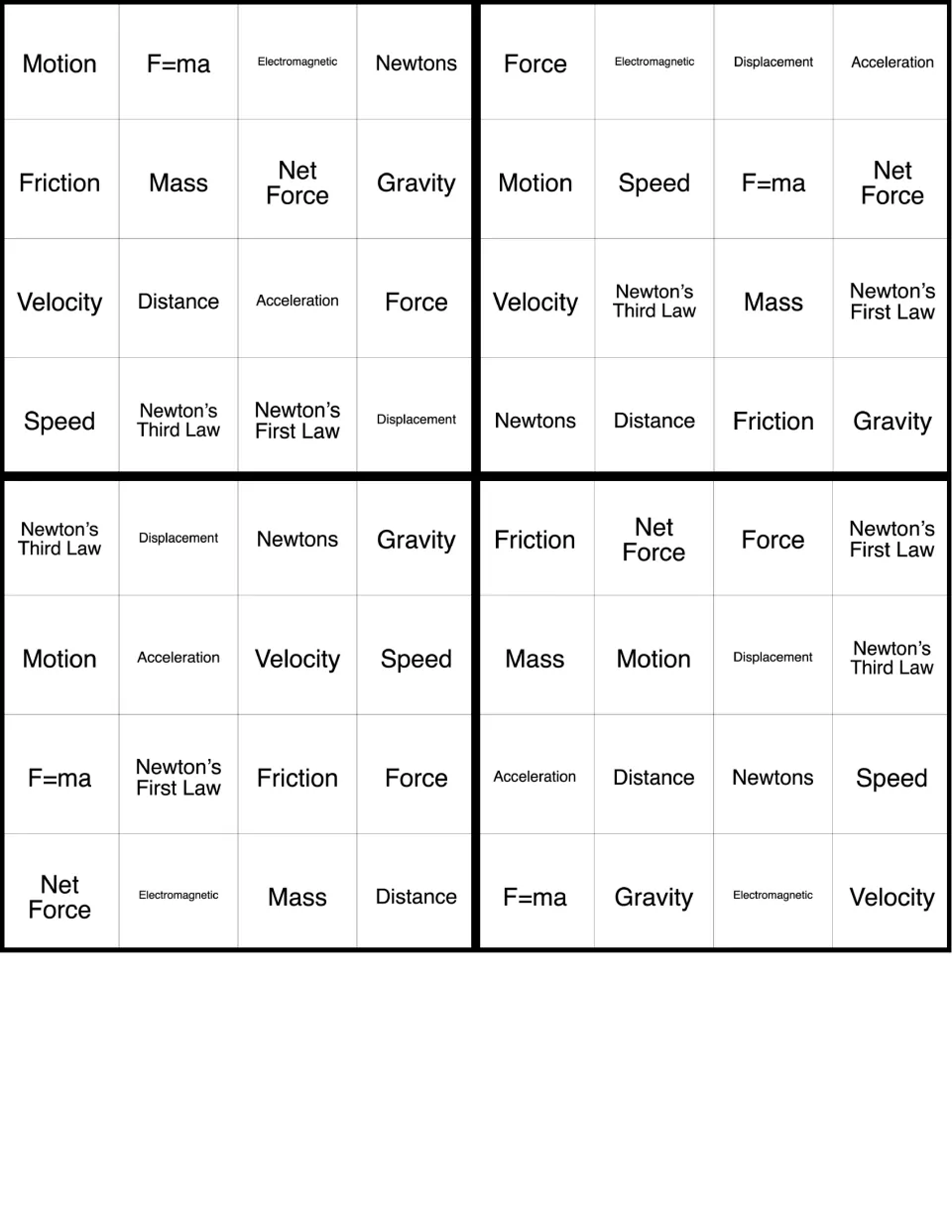 Force and motion bingo cards 1–4 of 36, featuring Motion, F=ma, Electromagnetic, Newtons, and 12 more terms.