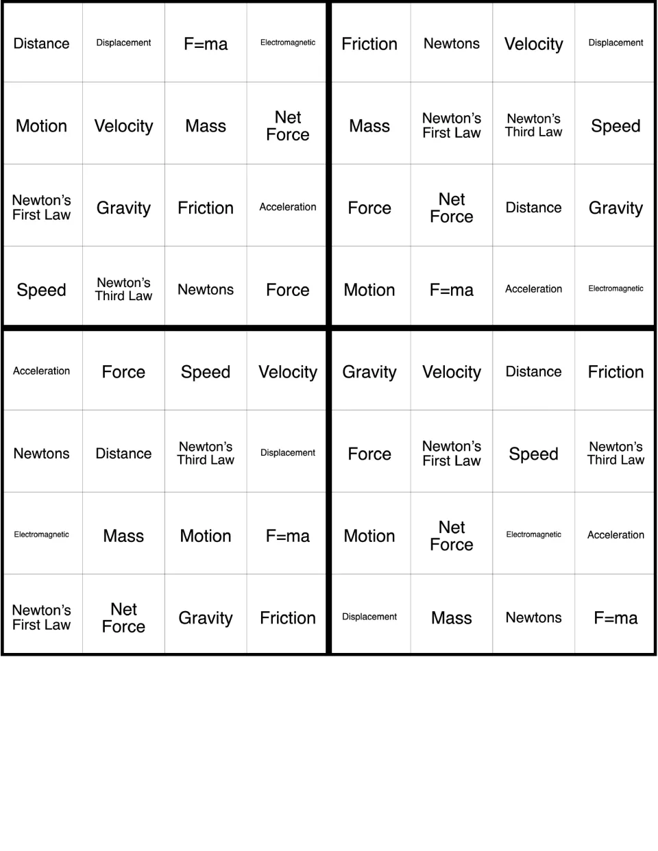 Force and motion bingo cards 5–8 of 36, featuring Distance, Displacement, F=ma, and 13 more terms.