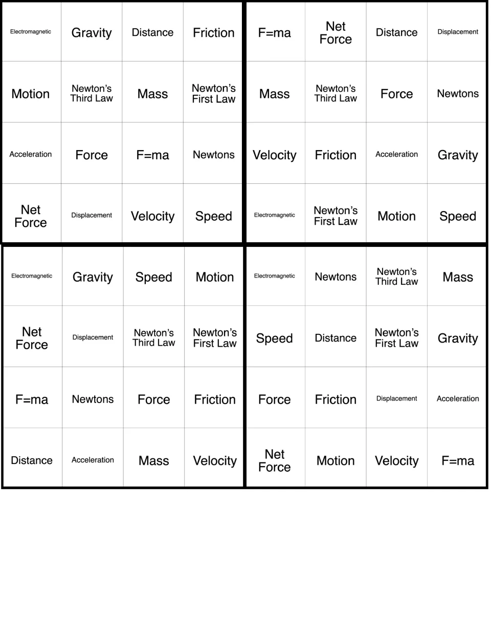 Force and motion bingo cards 9–12 of 36, featuring Electromagnetic, Gravity, Friction, and 13 more terms.