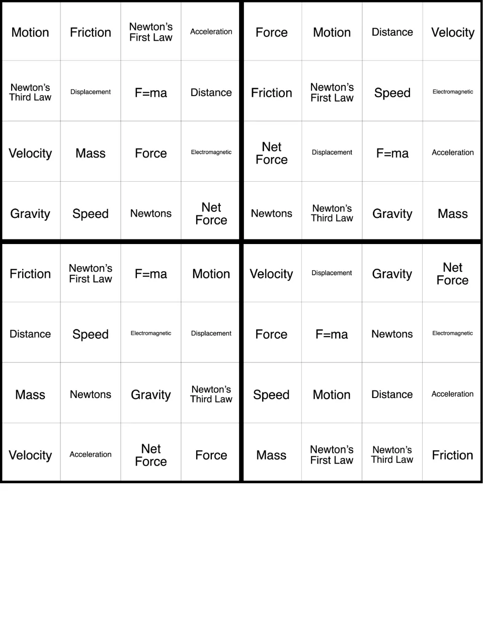 Force and motion bingo cards 13–16 of 36, featuring Motion, Friction, Newton’s First Law, and 13 more terms.