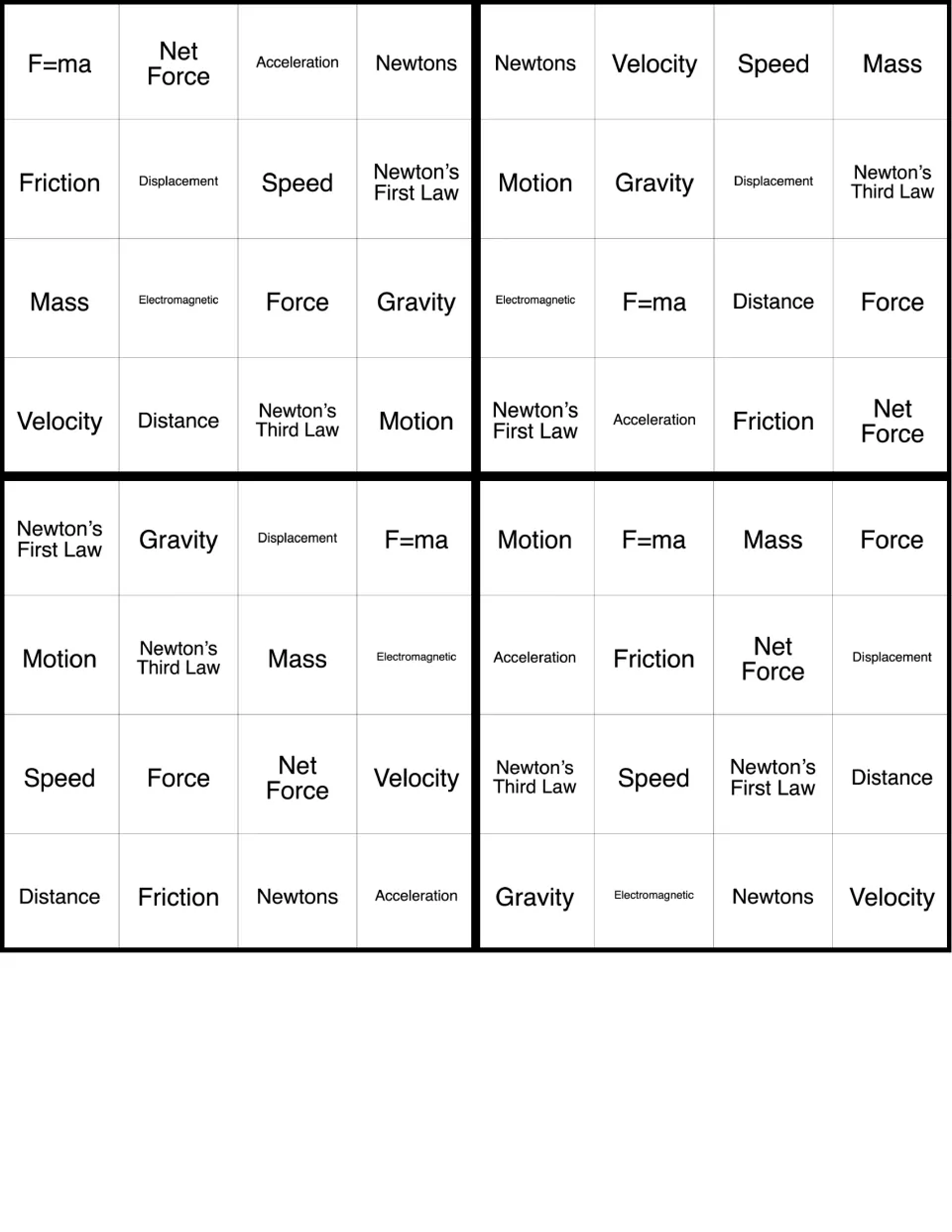 Force and motion bingo cards 17–20 of 36, featuring F=ma, Net Force, Acceleration, and 13 more terms.