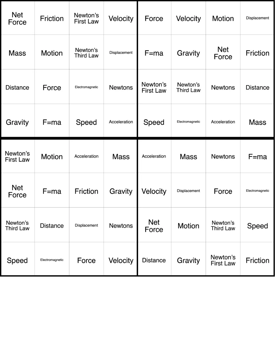 Force and motion bingo cards 21–24 of 36, featuring Net Force, Friction, Velocity, and 13 more terms.