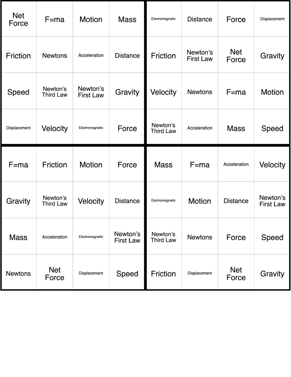 Force and motion bingo cards 25–28 of 36, featuring Net Force, F=ma, Motion, Mass, and 12 more terms.