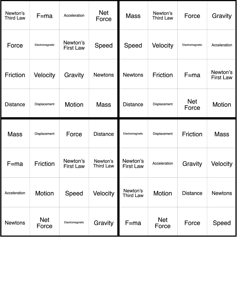 Force and motion bingo cards 29–32 of 36, featuring Newton’s Third Law, F=ma, Net Force, and 13 more terms.