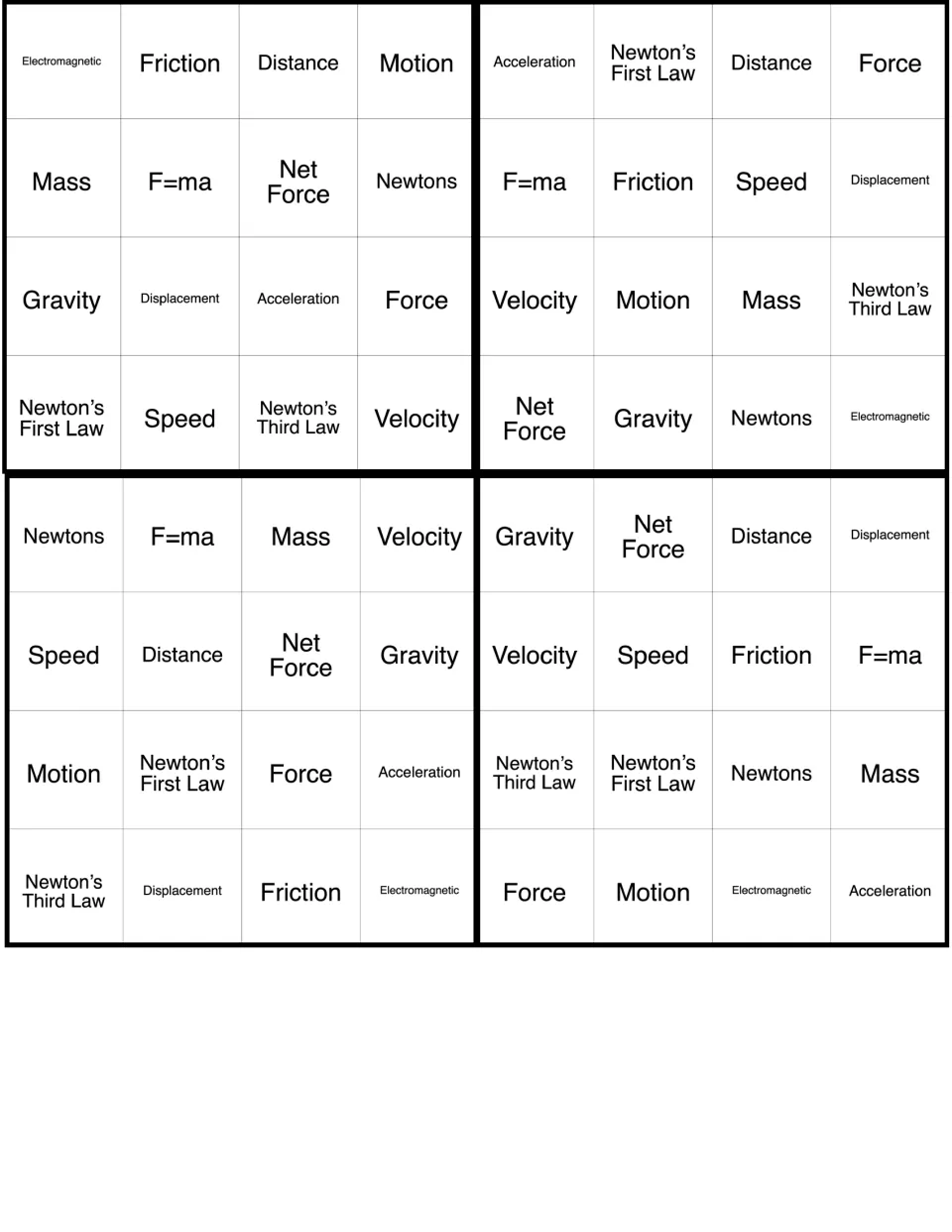 Force and motion bingo cards 33–36 of 36, featuring Electromagnetic, Friction, Motion, and 13 more terms.