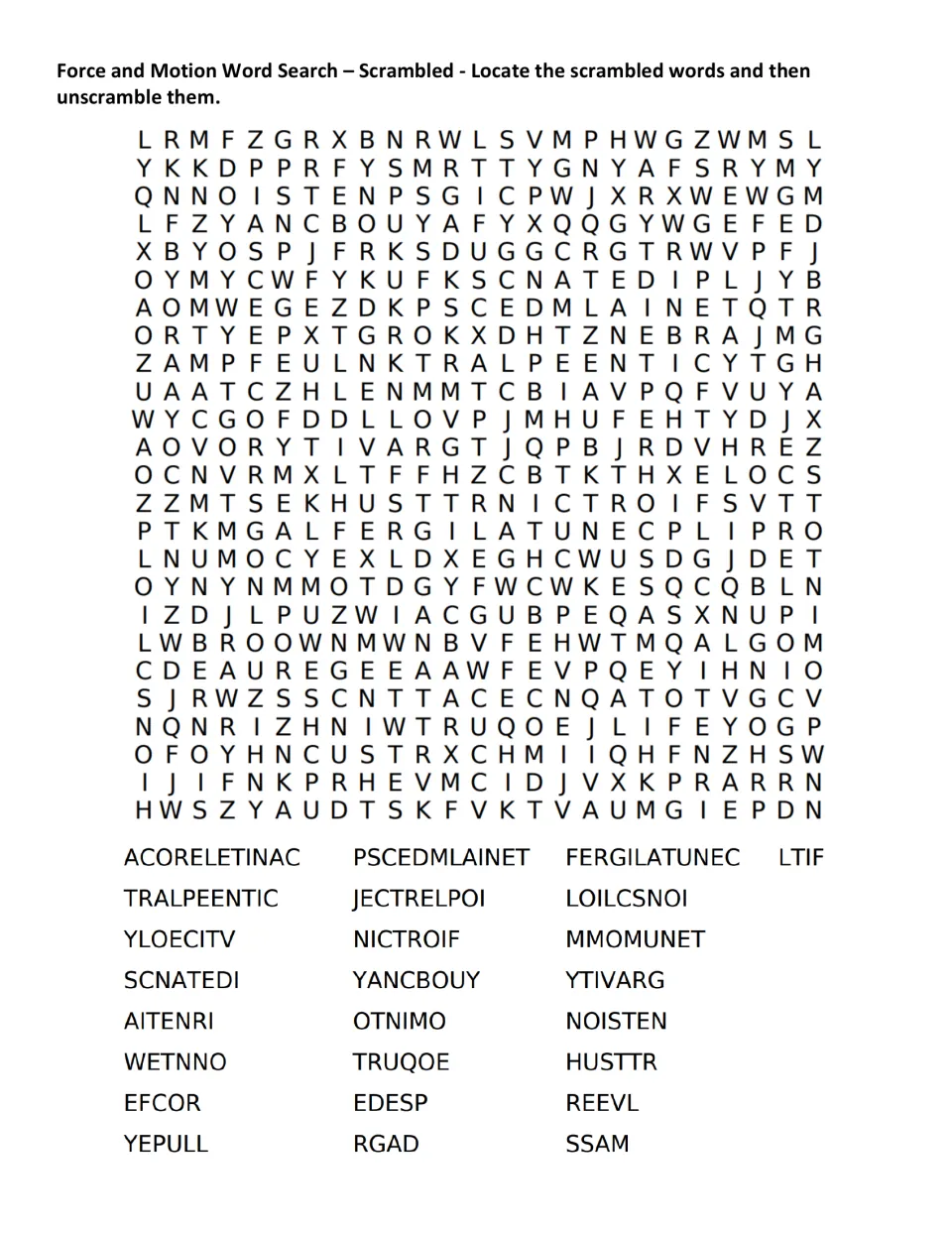 Scrambled force terms: students find jumbled words like ACORELETINAC and NICTROIF in a word search, then unscramble them