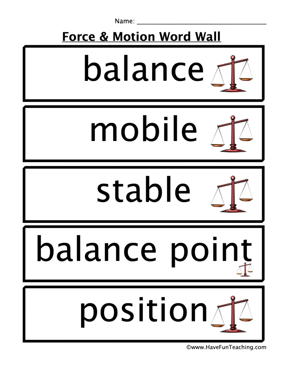 First five force and motion word wall cards: balance, mobile, stable, balance point, and position.