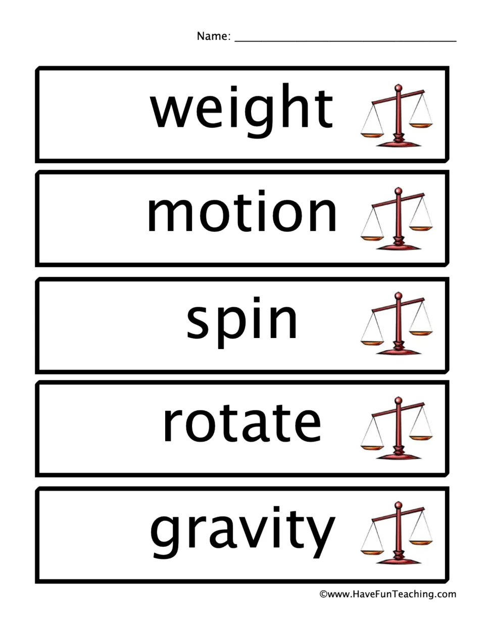 Second sheet of force and motion vocabulary word wall cards: weight, motion, spin, rotate, and gravity.