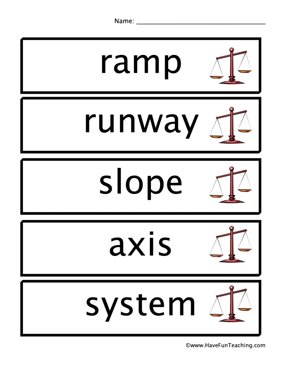 Final sheet of force and motion vocabulary word wall cards: ramp, runway, slope, axis, and system.