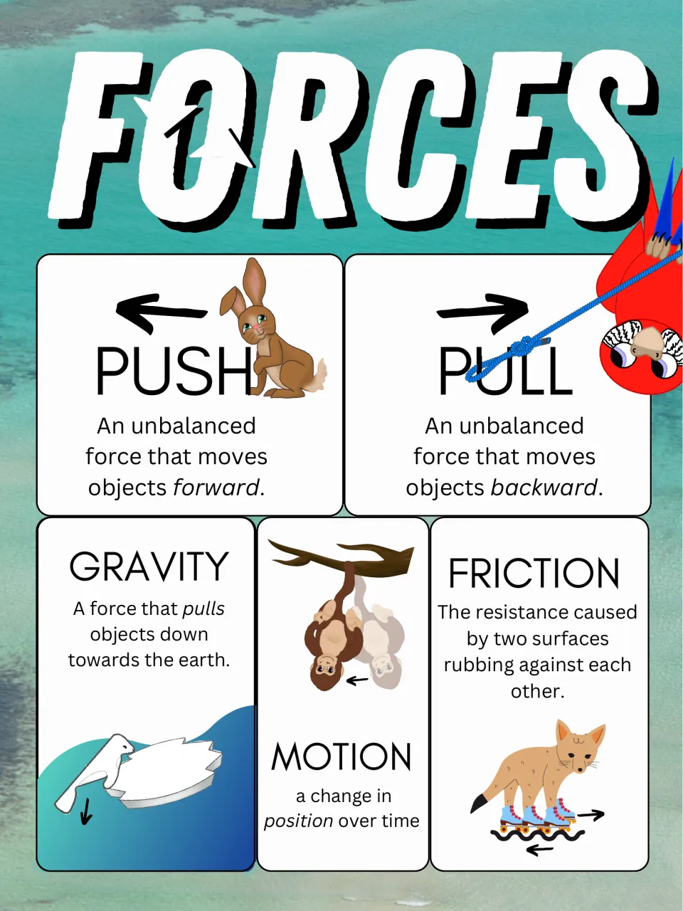 Forces anchor chart in color on an ocean backdrop defining push, pull, gravity, friction and motion with animal pictures