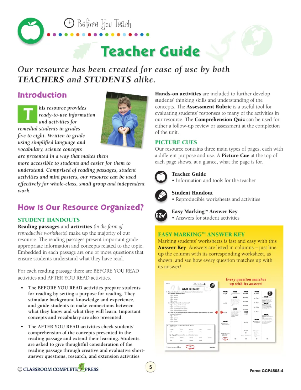 Teacher guide explaining reading passages, before and after you read activities, picture cues and the answer key