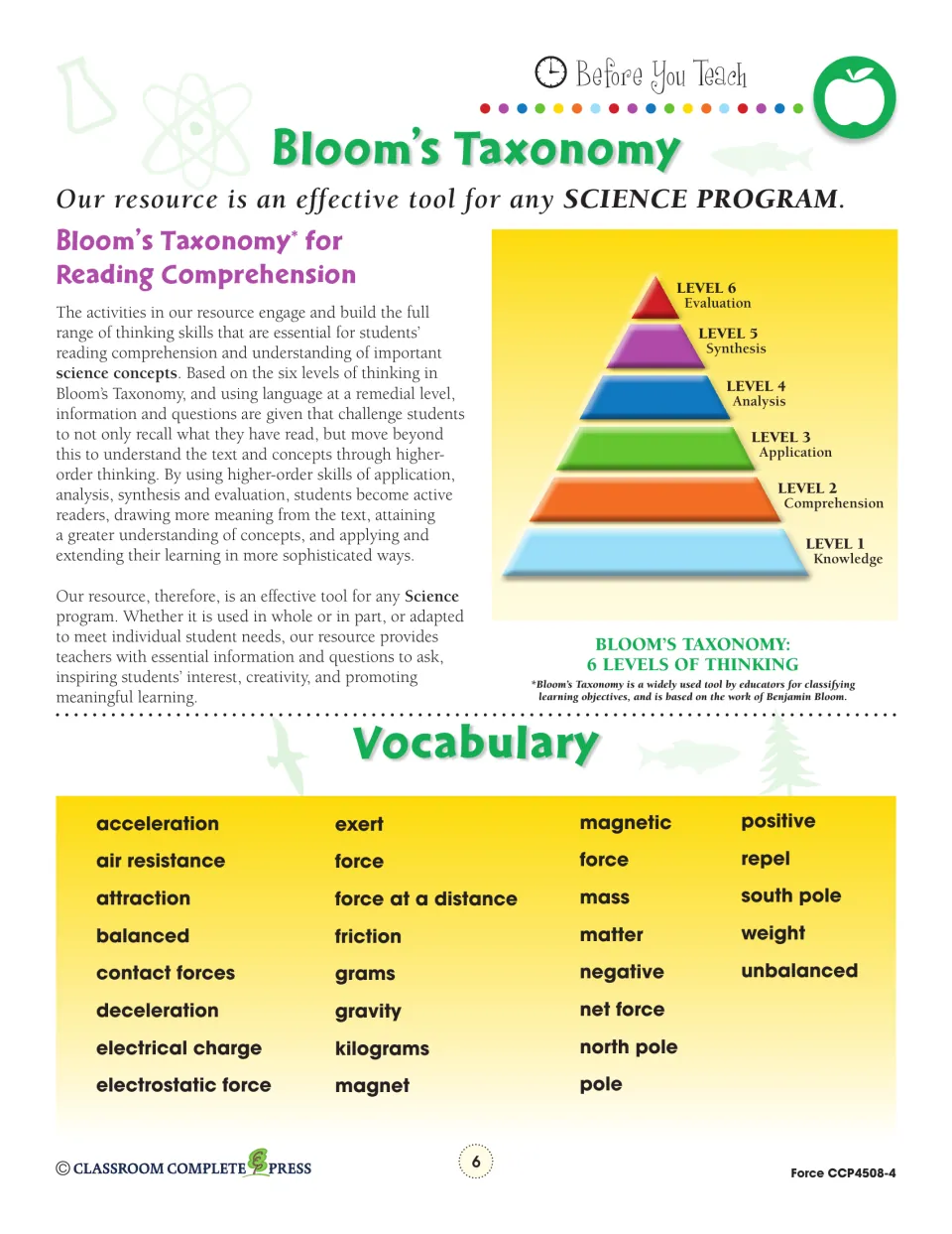 Bloom's Taxonomy six-level pyramid plus a vocabulary list of force terms such as net force and friction