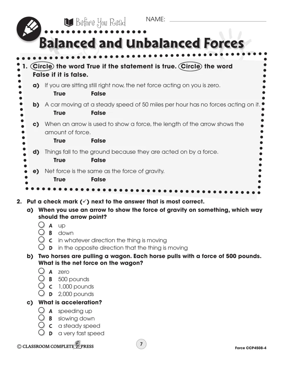 Pre-reading on balanced forces: true-or-false items on net force, plus multiple choice on gravity arrows and acceleration