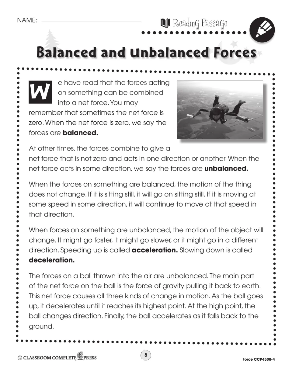 Reading passage defining balanced and unbalanced forces, acceleration and deceleration, with a ball-toss example