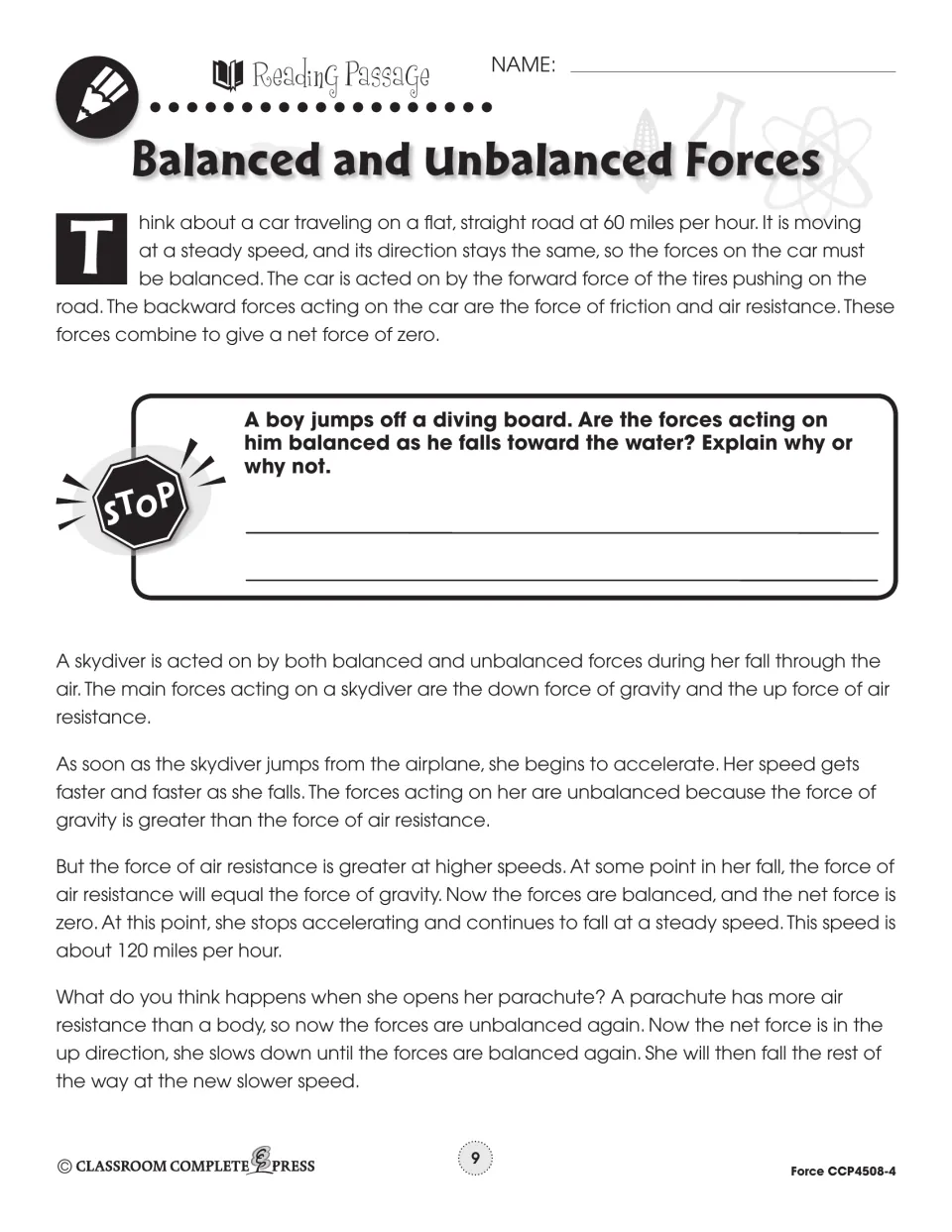 Reading passage on forces on a steady car and a falling skydiver, plus a stop question on a diving board jump