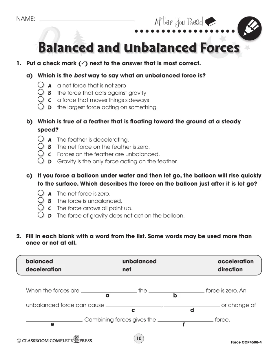 After you read: multiple choice on unbalanced force, a falling feather and a rising balloon, plus a word-bank cloze