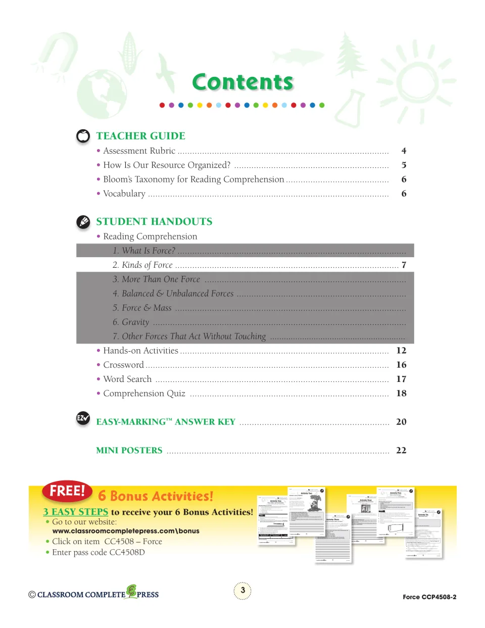 Contents listing teacher guide pages, the reading on kinds of force, hands-on activities, crossword, quiz and answer key