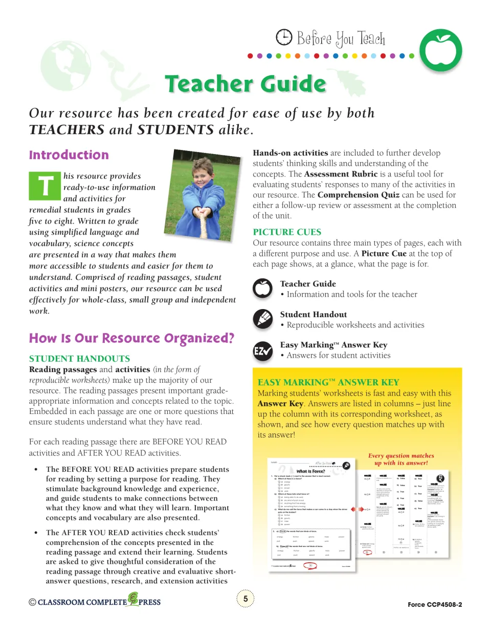 Teacher guide introduction explaining reading passages, before and after you read tasks, picture cues and the answer key
