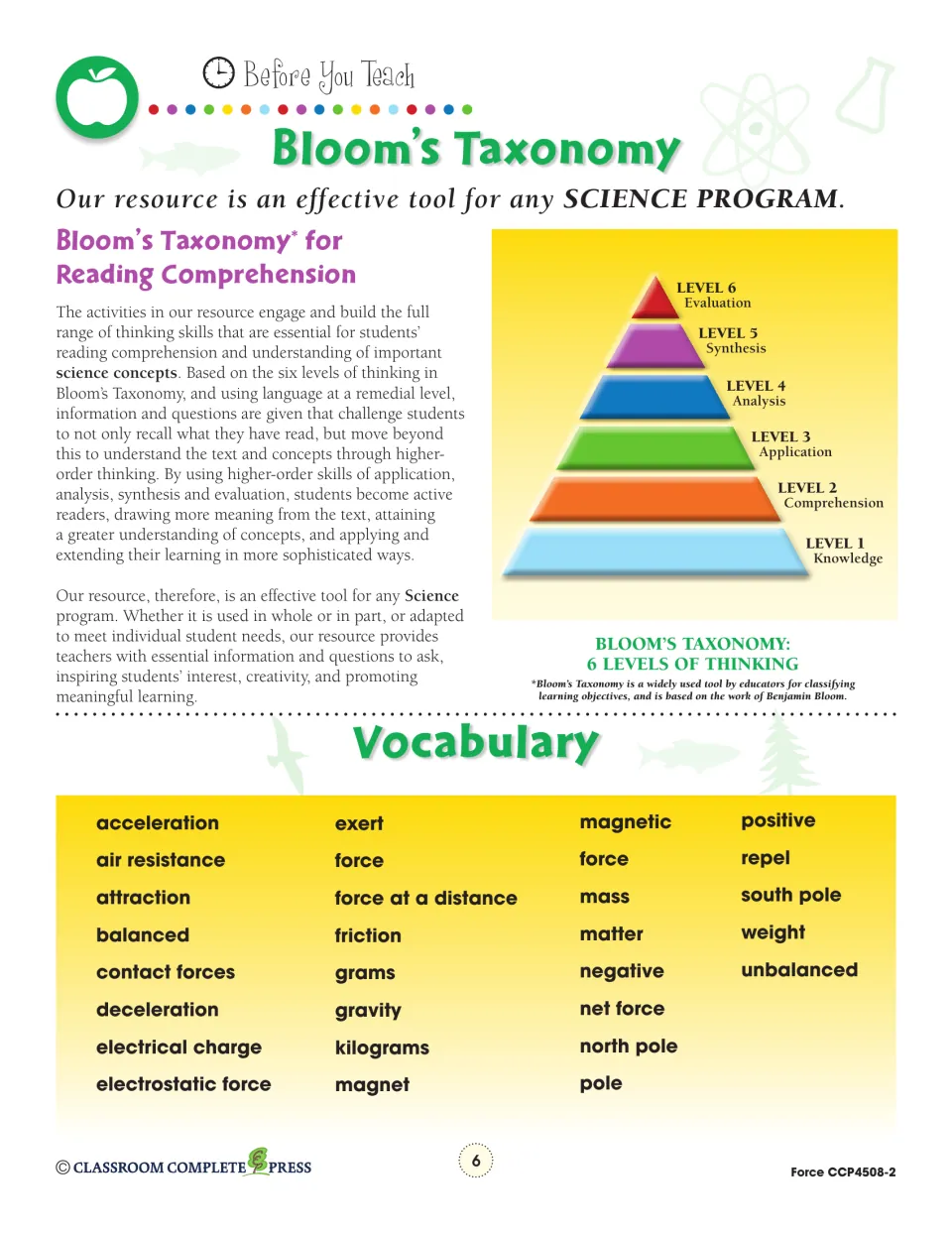 Bloom's taxonomy six-level pyramid with a short explanation, plus a force vocabulary list from acceleration to unbalanced