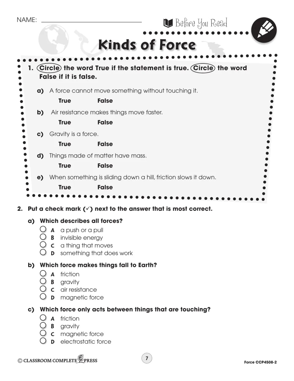 Before you read on kinds of force: students mark 5 true/false statements and choose answers about gravity and friction
