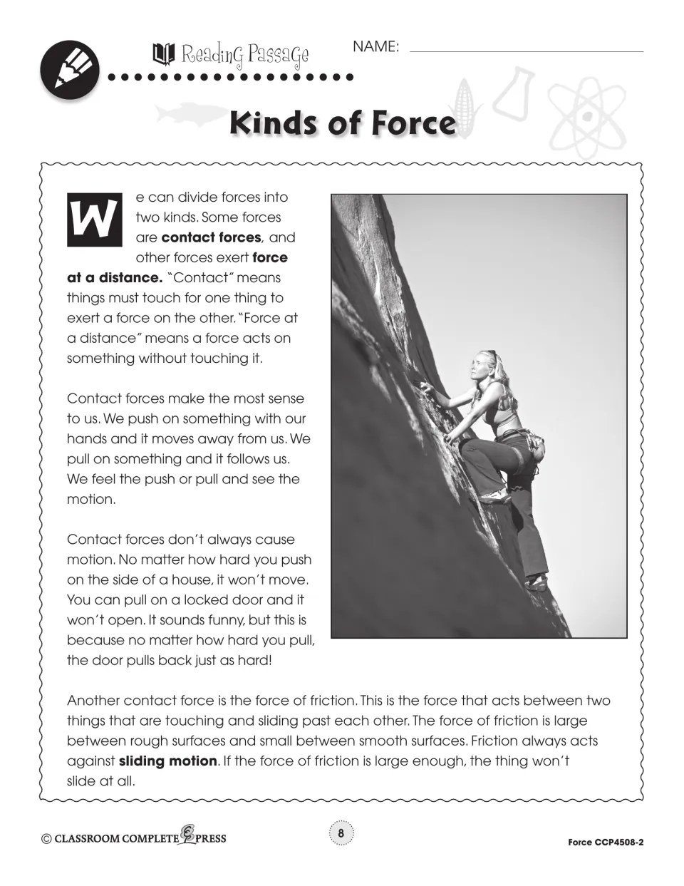 Reading passage on contact forces and force at a distance, explaining pushes, pulls and friction, with a climber photo