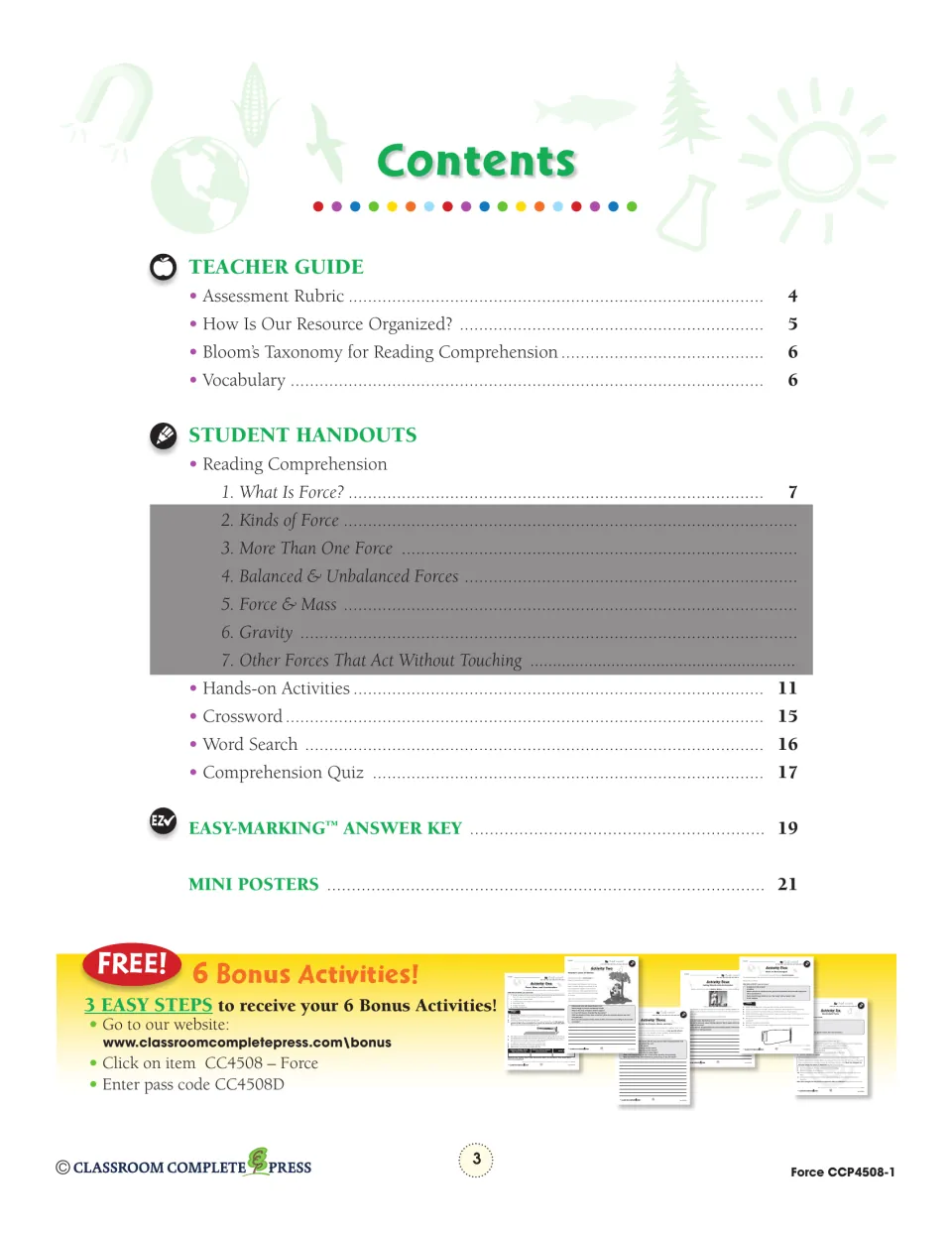 Contents for the force chapter slice lists teacher guidance, student handouts, an answer key, and mini posters
