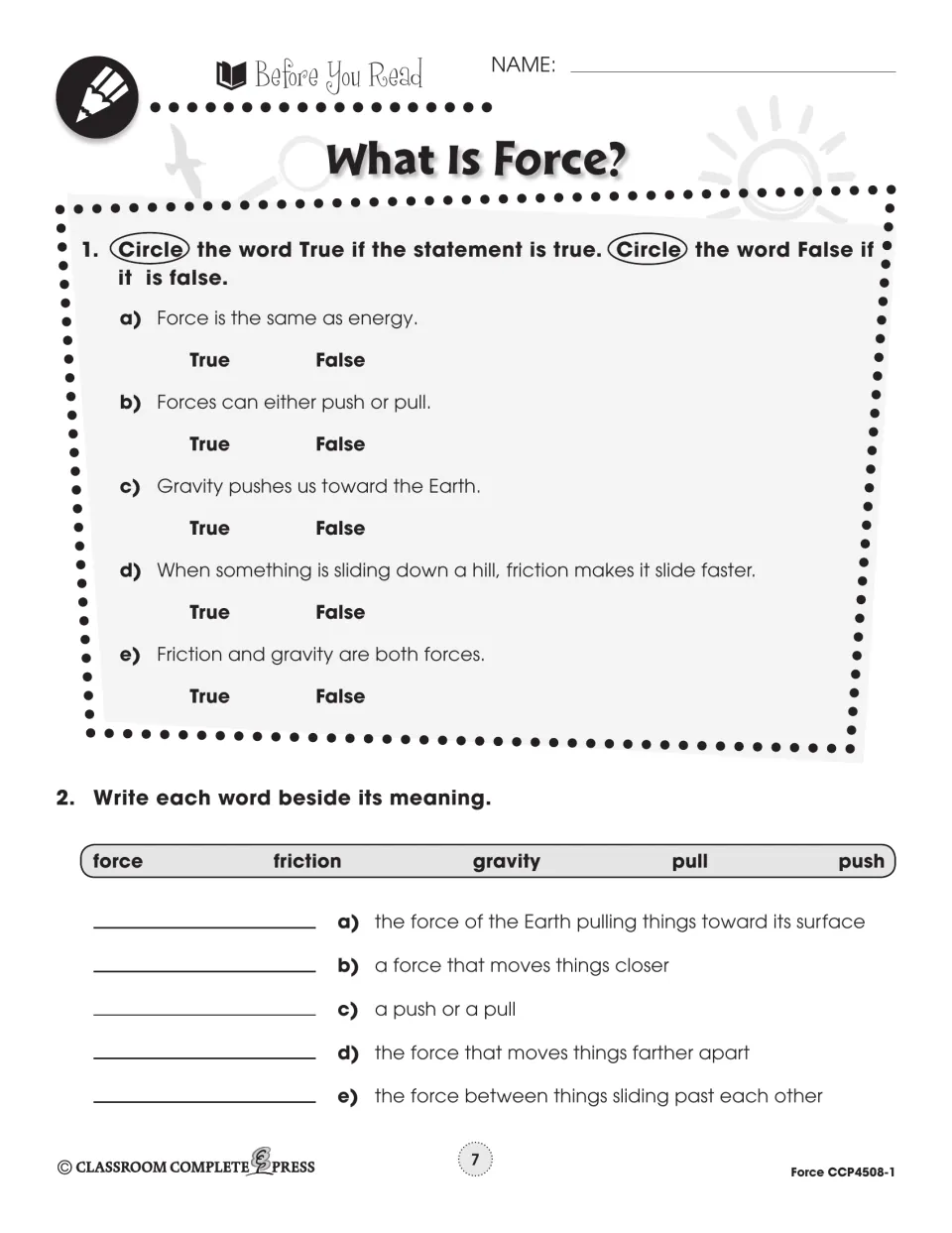 Prereading force activity checks five true-or-false statements and matches force vocabulary to definitions