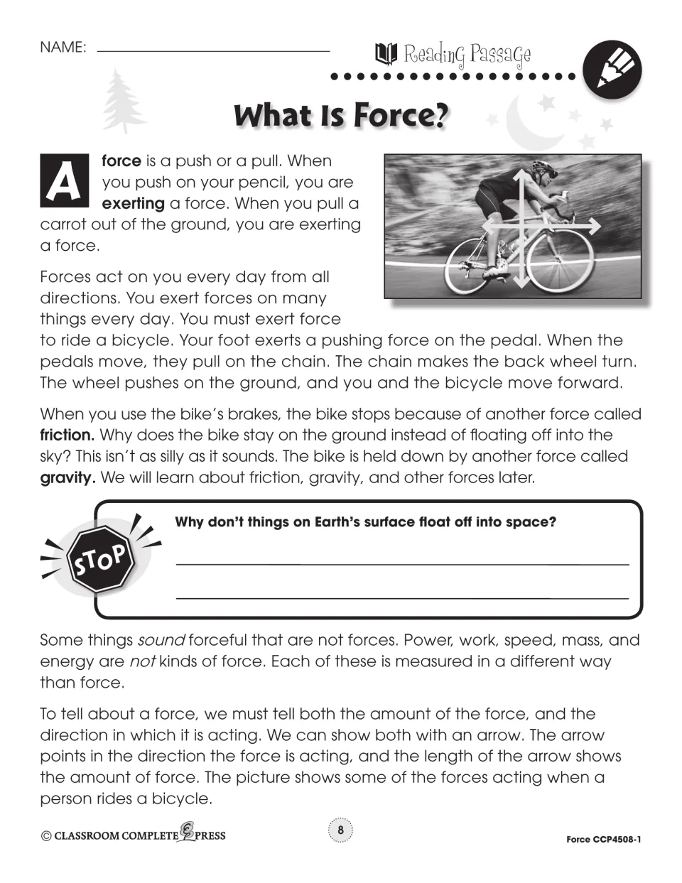 Force reading passage uses bicycle motion to explain pushes, pulls, friction, gravity, and force arrows