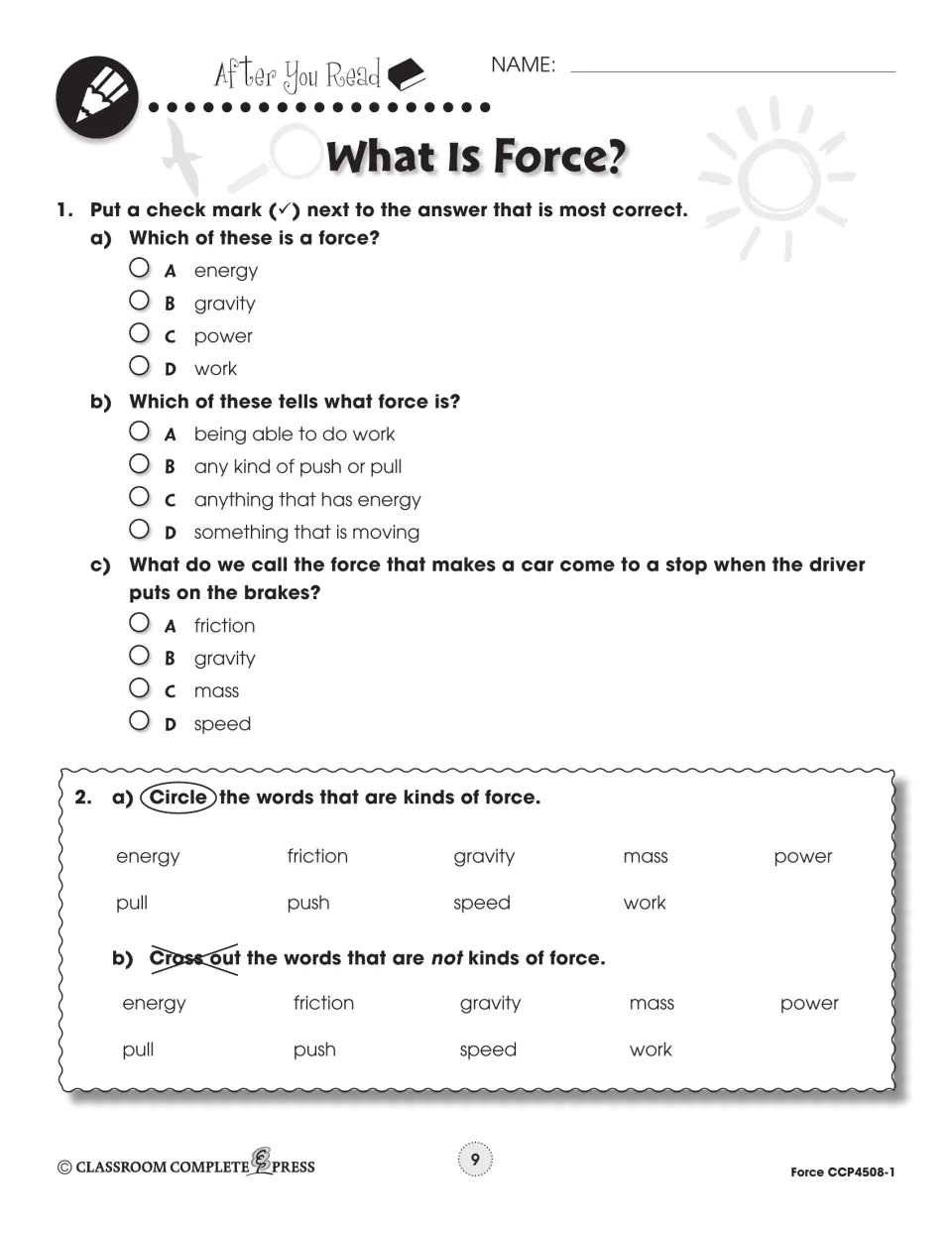 After-reading force practice asks three multiple-choice questions and sorts words as forces or nonforces
