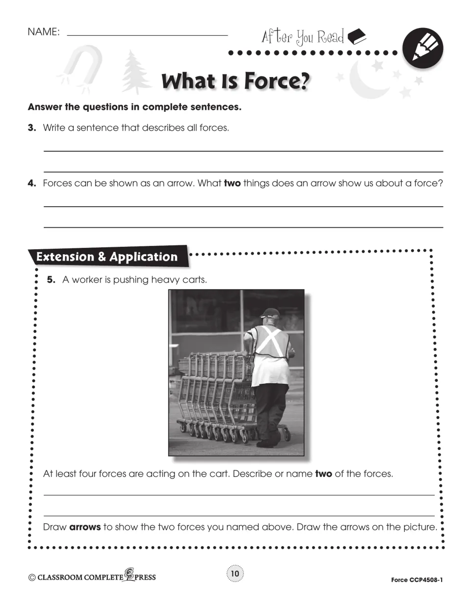 Follow-up force questions ask students to explain arrows and identify two forces on carts in a worker photo
