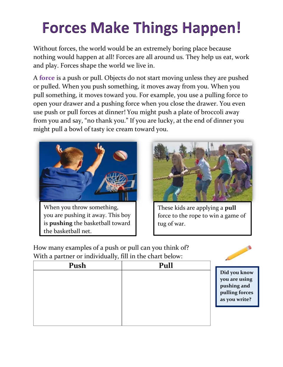 Opening force lesson explains pushes and pulls with basketball and tug-of-war examples and an examples task