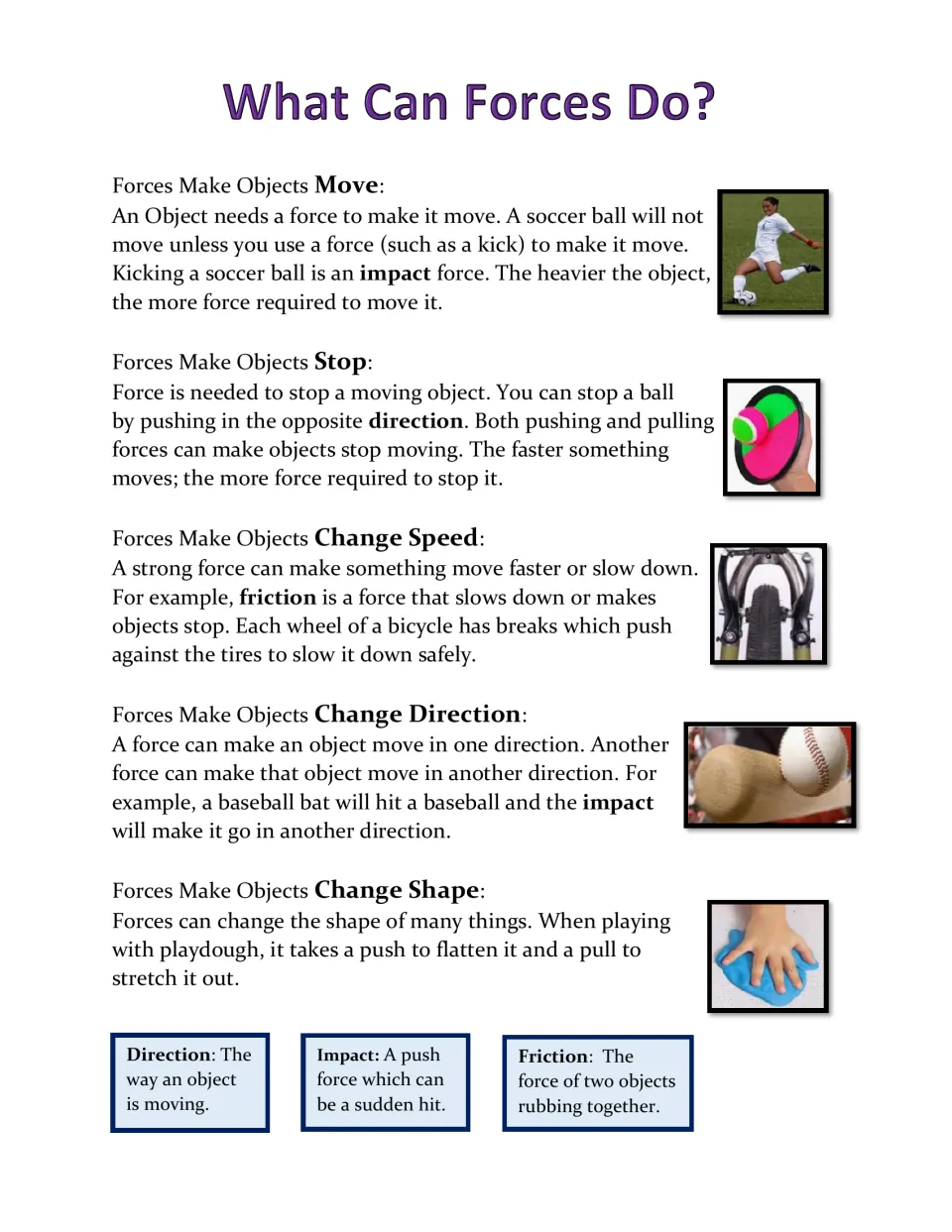 Force effects reading explains how objects start moving, stop, change speed, change direction, and change shape