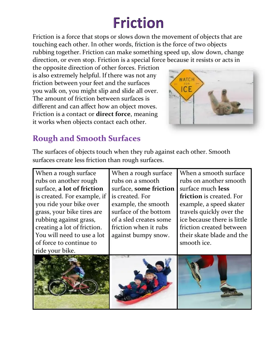 Friction lesson introduces contact force and compares rough and smooth surfaces using biking, sledding, and skating