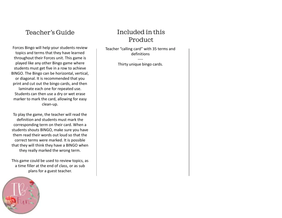Forces Bingo teacher's guide explaining five-in-a-row play, with 35 calling-card terms and 30 bingo cards included