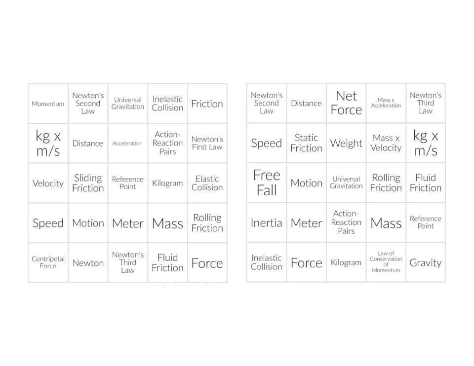 Two bingo cards of forces terms like Momentum, Friction and Free Fall that students mark as definitions are read
